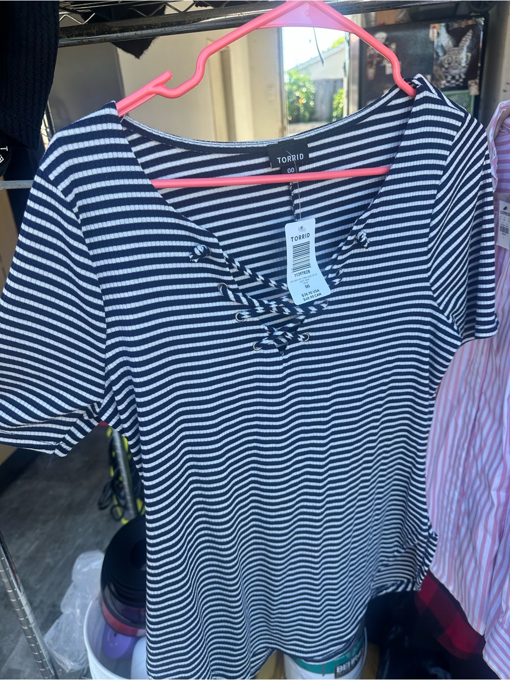 torrid Black & White Striped Lace-Up Short Sleeve Tee